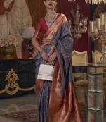 Navy Blue Woven Silk Blend Saree With Blouse