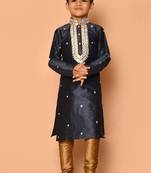 Grey embroidered art silk boys-kurta-pyjama