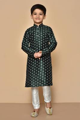Green printed art silk boys-kurta-pyjama 1