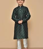 Green printed art silk boys-kurta-pyjama