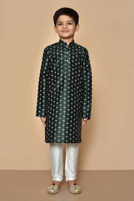 Green printed art silk boys-kurta-pyjama 4