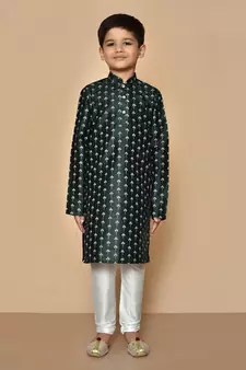 Green printed art silk boys-kurta-pyjama