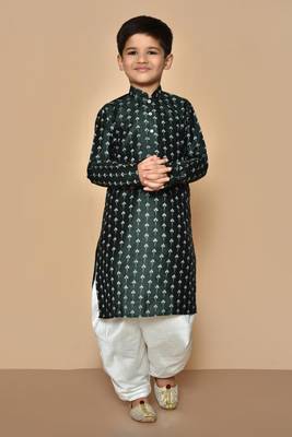 Green printed art silk boys-dhoti-kurta 1