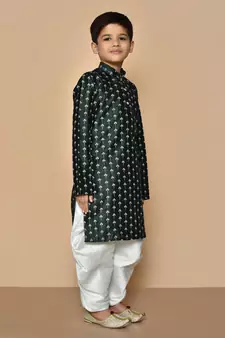 Green printed art silk boys-dhoti-kurta