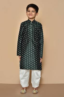 Green printed art silk boys-dhoti-kurta 4