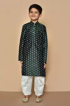 Green printed art silk boys-dhoti-kurta