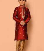 Maroon embroidered art silk boys-kurta-pyjama