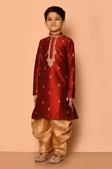 Maroon embroidered art silk boys-dhoti-kurta
