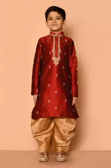 Maroon embroidered art silk boys-dhoti-kurta