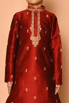 Maroon embroidered art silk boys-dhoti-kurta