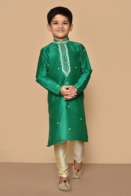 Green embroidered art silk boys-kurta-pyjama 1