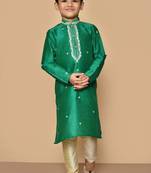 Green embroidered art silk boys-kurta-pyjama