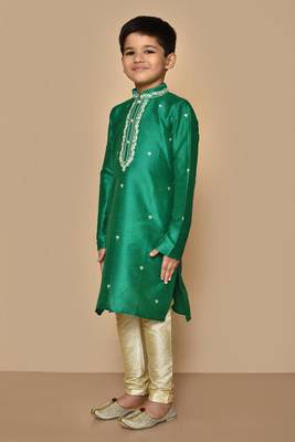 Green embroidered art silk boys-kurta-pyjama 2