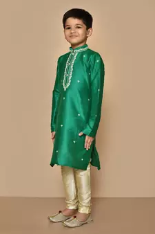 Green embroidered art silk boys-kurta-pyjama
