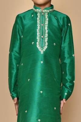 Green embroidered art silk boys-kurta-pyjama 3