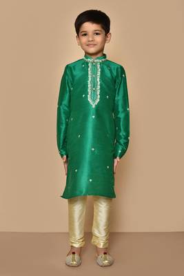 Green embroidered art silk boys-kurta-pyjama 4