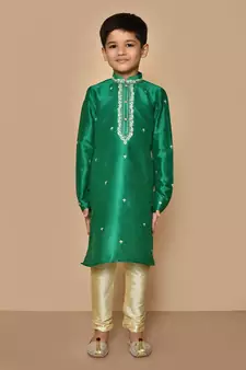 Green embroidered art silk boys-kurta-pyjama