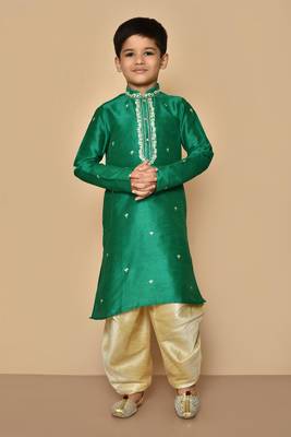 Green embroidered art silk boys-dhoti-kurta 1