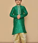 Green embroidered art silk boys-dhoti-kurta