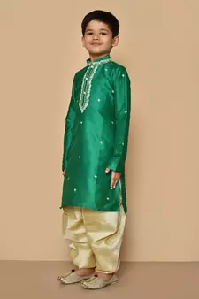 Green embroidered art silk boys-dhoti-kurta