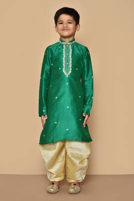 Green embroidered art silk boys-dhoti-kurta 3