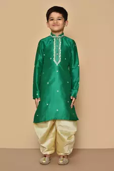 Green embroidered art silk boys-dhoti-kurta