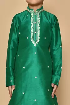 Green embroidered art silk boys-dhoti-kurta