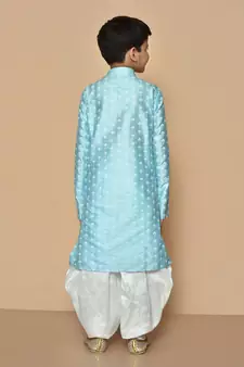 Blue printed art silk boys-dhoti-kurta