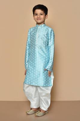 Blue printed art silk boys-dhoti-kurta 3