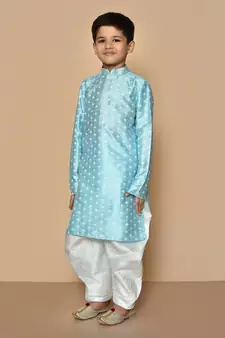 Blue printed art silk boys-dhoti-kurta