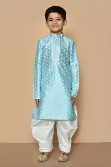 Blue printed art silk boys-dhoti-kurta
