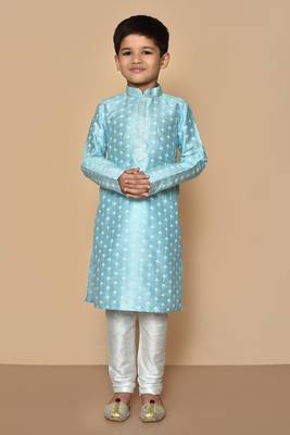 Blue printed art silk boys-kurta-pyjama 1