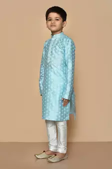 Blue printed art silk boys-kurta-pyjama