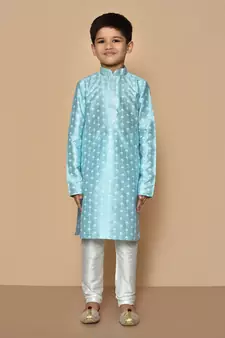 Blue printed art silk boys-kurta-pyjama