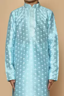 Blue printed art silk boys-kurta-pyjama