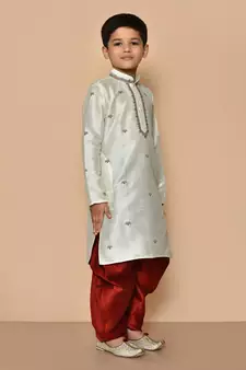 White embroidered art silk boys-dhoti-kurta