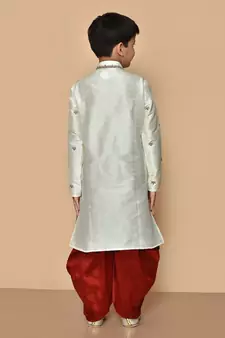 White embroidered art silk boys-dhoti-kurta
