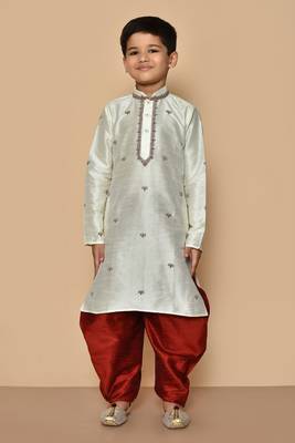 White embroidered art silk boys-dhoti-kurta 5