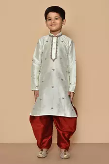 White embroidered art silk boys-dhoti-kurta