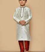 White embroidered art silk boys-kurta-pyjama
