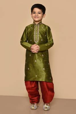Green embroidered art silk boys-dhoti-kurta 1