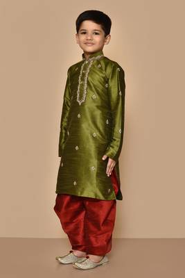 Green embroidered art silk boys-dhoti-kurta 2