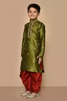 Green embroidered art silk boys-dhoti-kurta