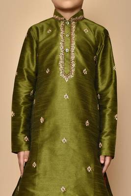 Green embroidered art silk boys-dhoti-kurta 3