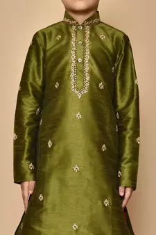Green embroidered art silk boys-dhoti-kurta