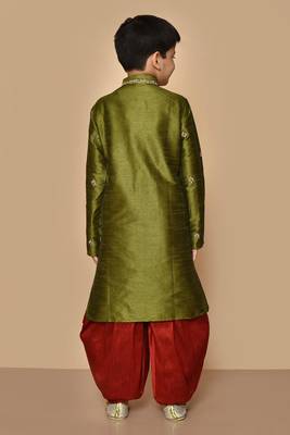 Green embroidered art silk boys-dhoti-kurta 4