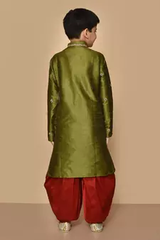 Green embroidered art silk boys-dhoti-kurta