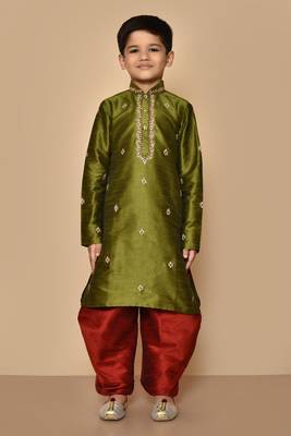 Green embroidered art silk boys-dhoti-kurta 5