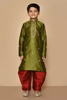 Green embroidered art silk boys-dhoti-kurta