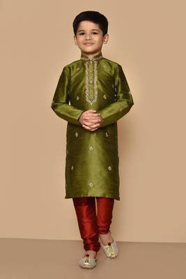 Green embroidered art silk boys-kurta-pyjama 1